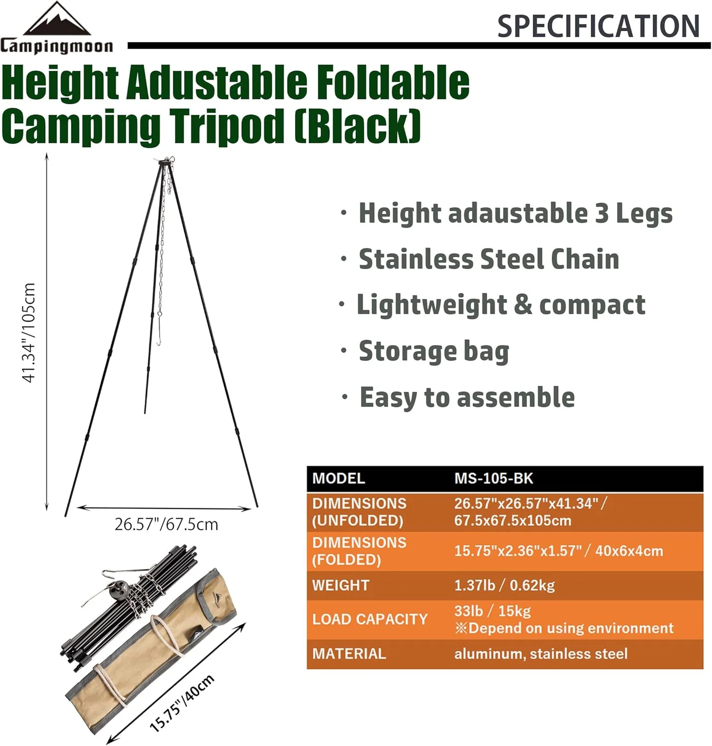 Camping Moon 41.34-inch Height Light Weight Portable Camping Tripod 2026 - Image 3