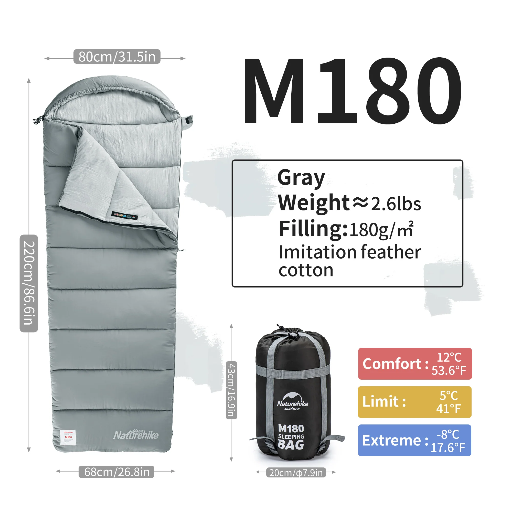 Naturehike Envelop Washable Sleeping Bag M180 With Hood Grey - Image 8
